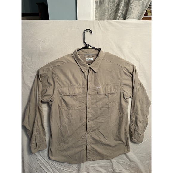 Columbia Men Button Up Shirt XL Tan Omni Shade Sun Protection Pockets Mesh 154 - Picture 1 of 8